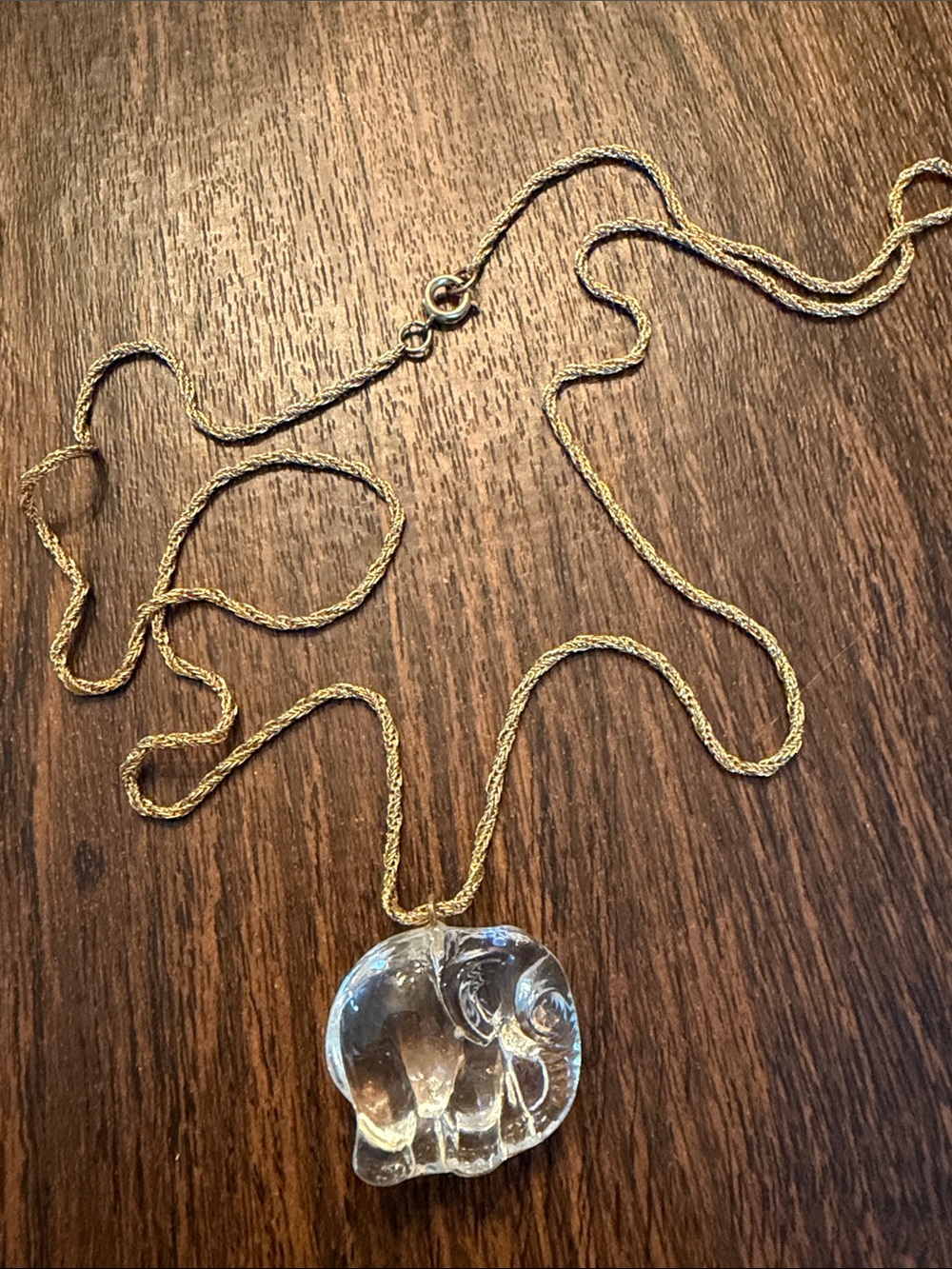 Gold Rope Chain Necklace with Clear Elephant Pendant